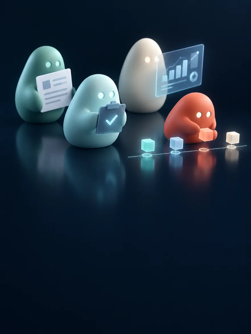 Symbolbild: digitale AI-Mitarbeiter als Figuren in den Farben von HALBFAS SOLUTIONS